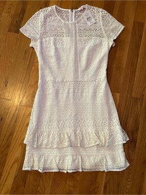 Parker White Lace Short Sleeve Ruffle Hem Dress